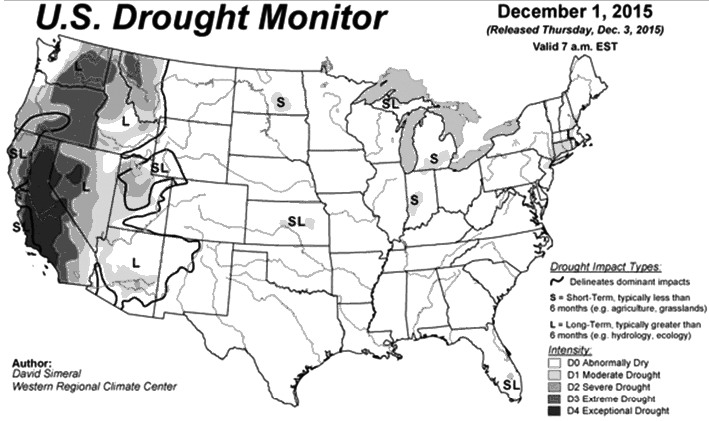 图为2015年12月开始，美国西部普遍出现旱情